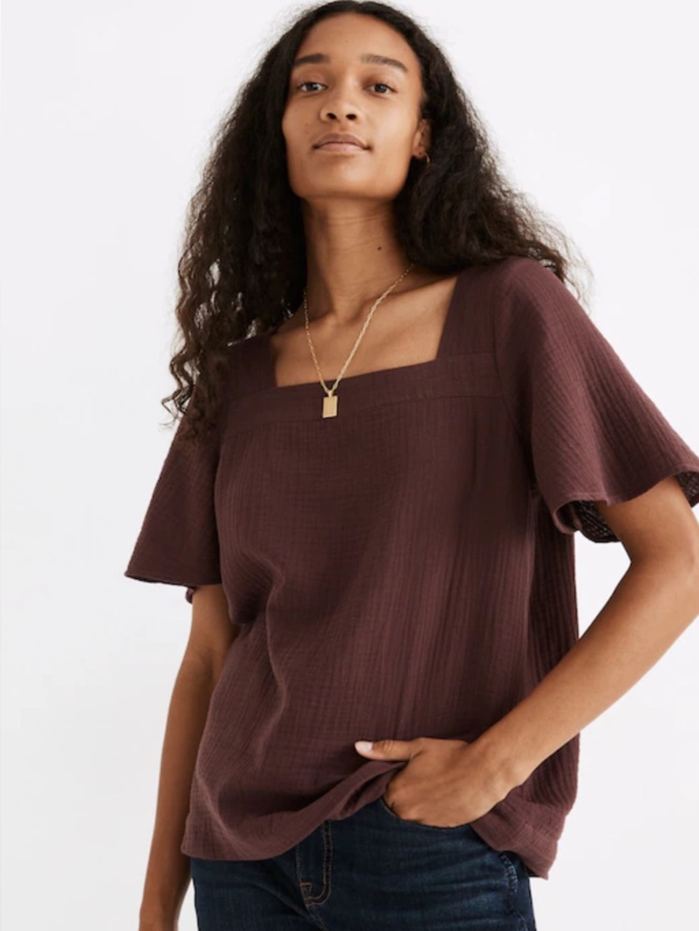 Madewell Deep Purple Harlow Square Neck cotton gauze top Small